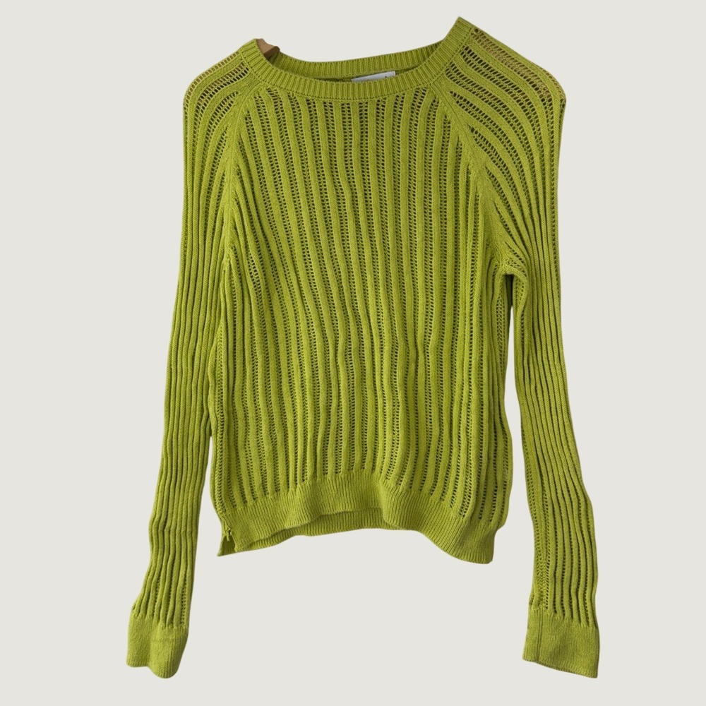 Stitches + Stripes Sweater S Lime Green Open Knit Cotton Boho Ribbed SSSP24-20-R